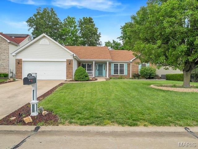 927 Annabrook Park Dr, Ofallon, MO 63366 - ranch-style home with a garage, brick siding, driveway, a front lawn, and a porch