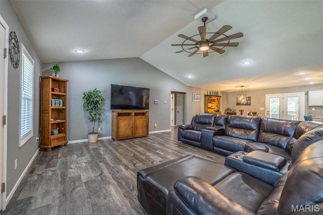 1541 Fairfield Dr, Lebanon, MO 65536 - living room featuring dark wood-style floors, ceiling fan, lofted ceiling, healthy amount of natural light, and recessed lighting