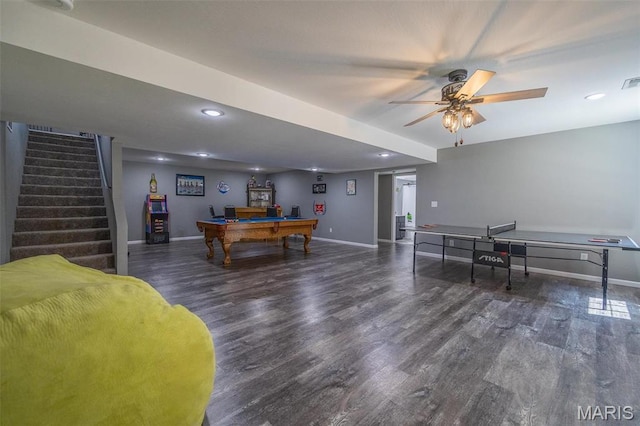 1541 Fairfield Dr, Lebanon, MO 65536 - playroom with billiards table, wood finished floors, baseboards, recessed lighting, and ceiling fan