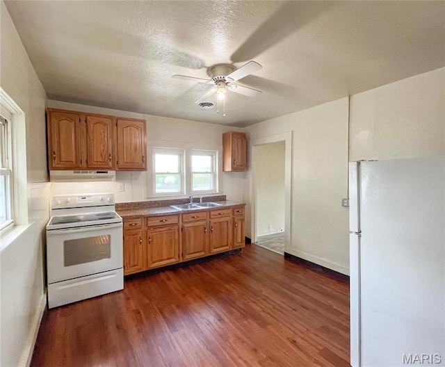 230 S Church St, Sullivan, MO 63080 - kitchen featuring white appliances, a sink, a ceiling fan, under cabinet range hood, and dark wood finished floors