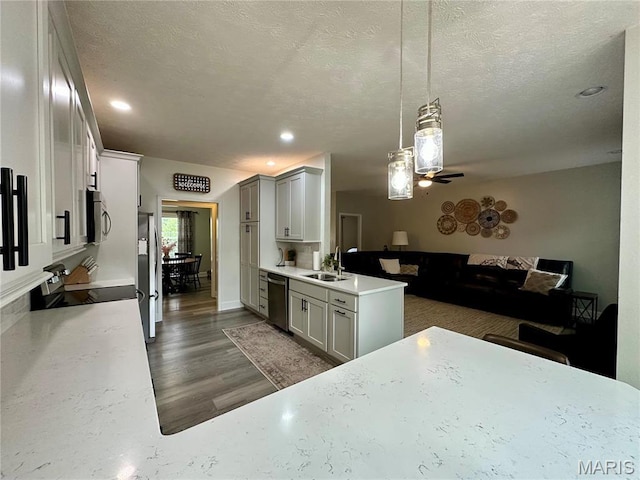 1324 Chelsea Ln, Rolla, MO 65401 - kitchen with stainless steel appliances, a sink, a ceiling fan, light countertops, and a textured ceiling