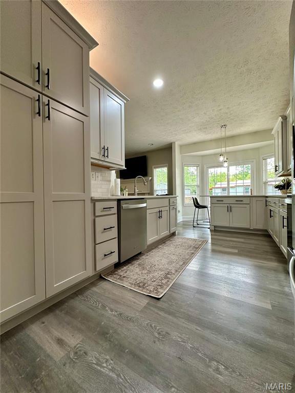 1324 Chelsea Ln, Rolla, MO 65401 - kitchen with stainless steel dishwasher, a peninsula, a textured ceiling, dark wood-style flooring, and recessed lighting
