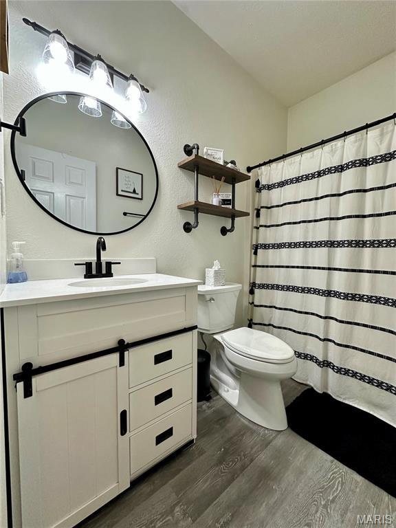 1324 Chelsea Ln, Rolla, MO 65401 - full bathroom with wood finished floors, toilet, vanity, a shower with curtain, and a textured wall