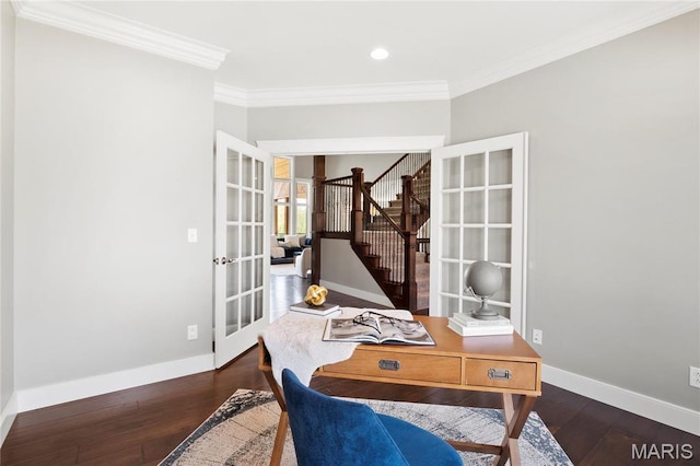 home office featuring french doors, crown molding, wood finished floors, baseboards, and recessed lighting