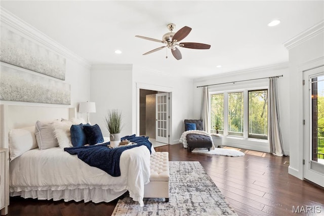 bedroom featuring multiple windows, access to outside, crown molding, hardwood / wood-style floors, and recessed lighting