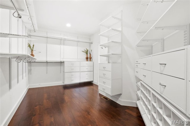 walk in closet with dark wood-style flooring
