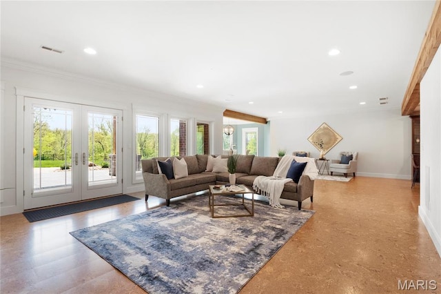 living area featuring french doors, ornamental molding, baseboards, and recessed lighting
