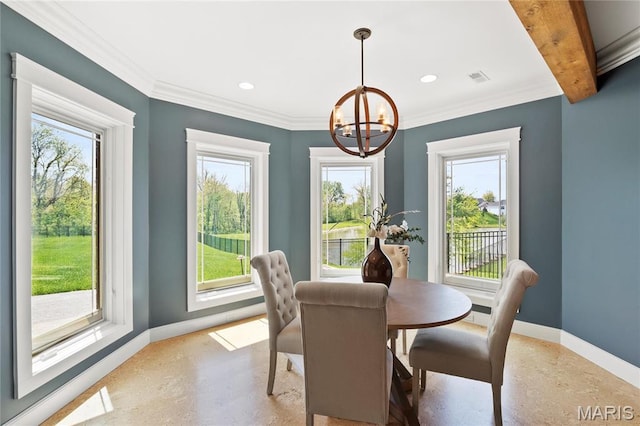 dining area with baseboards, a chandelier, plenty of natural light, crown molding, and recessed lighting