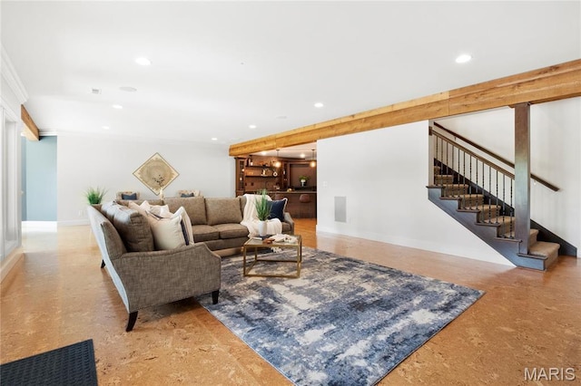 living area featuring recessed lighting, stairway, baseboards, and crown molding