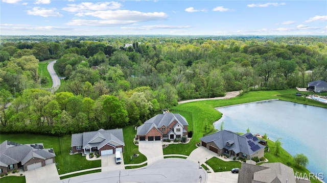 aerial view of residential area featuring a forest and a nearby body of water