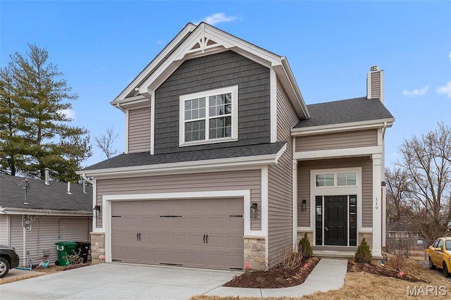 119 Monica Dr, Sunset Hills, MO 63127 - craftsman-style home featuring an attached garage, stone siding, driveway, and a chimney