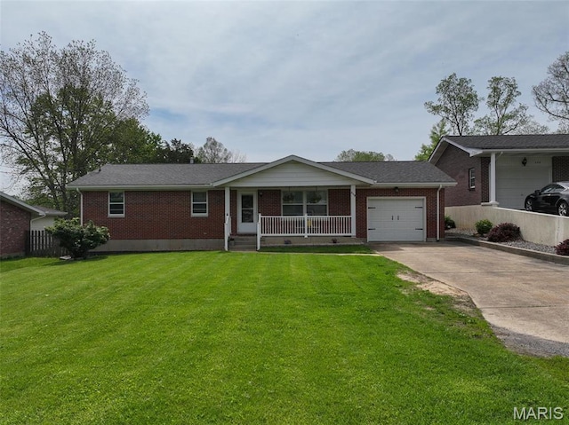 218 Riverview Dr, Saint Genevieve, MO 63670 - ranch-style house featuring a garage, covered porch, brick siding, and concrete driveway