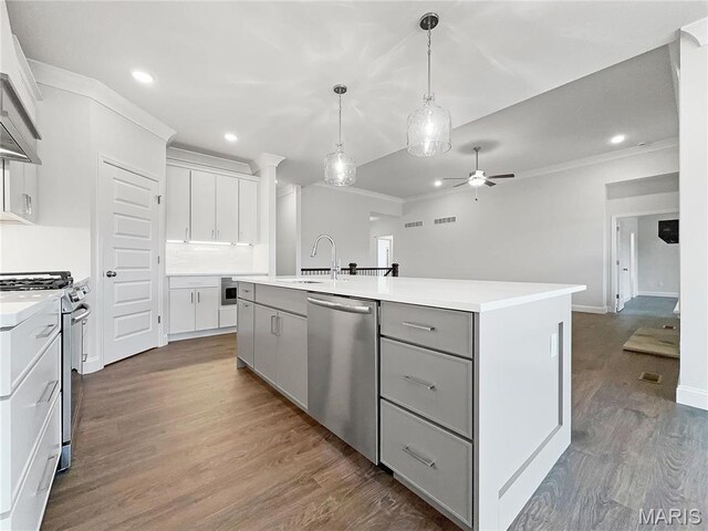 130 Stone Canyon Blvd, Foristell, MO 63348 - kitchen featuring appliances with stainless steel finishes, a sink, a kitchen island with sink, gray cabinets, and ceiling fan