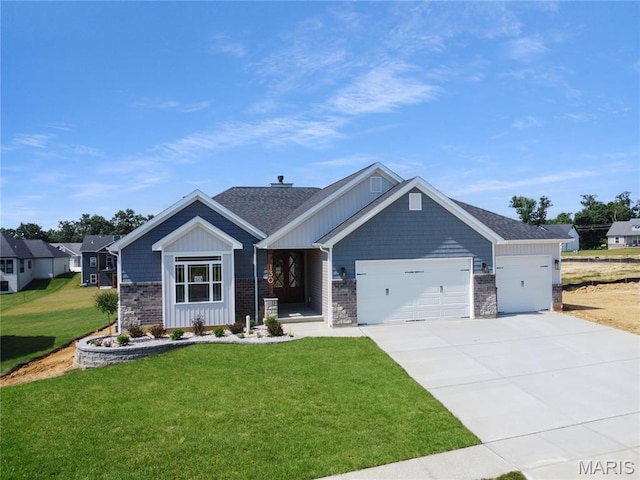 130 Stone Canyon Blvd, Foristell, MO 63348 - view of front of home with a garage, a front lawn, driveway, board and batten siding, and brick siding