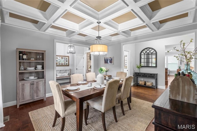 132 Hillary Cir, Wentzville, MO 63385 - dining room featuring dark wood-type flooring, coffered ceiling, baseboards, and beamed ceiling