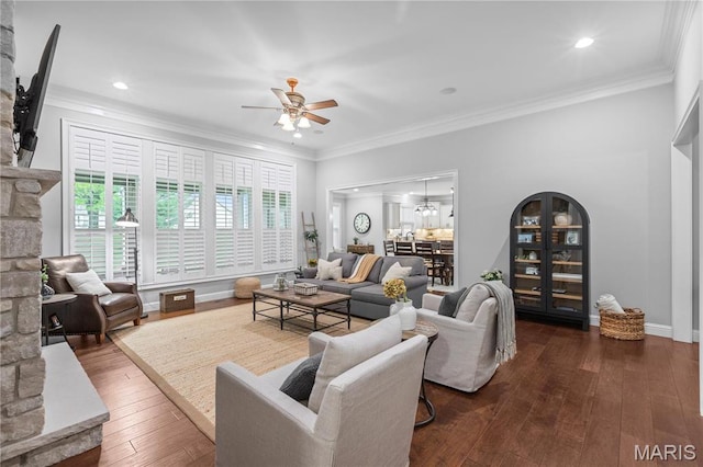 132 Hillary Cir, Wentzville, MO 63385 - living area with a ceiling fan, dark wood-style floors, crown molding, recessed lighting, and baseboards