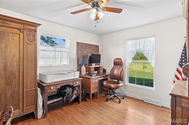 office featuring plenty of natural light, wood finished floors, ceiling fan, and baseboards