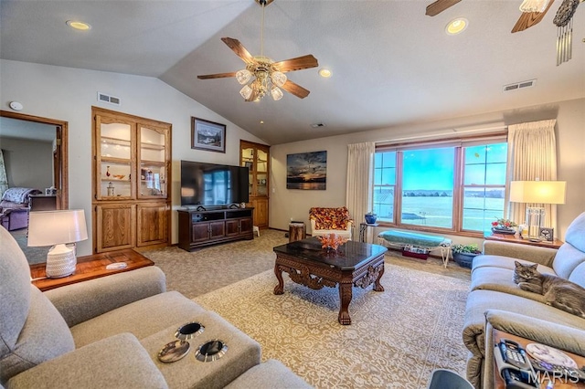 23598 Falcon Rd, Lebanon, MO 65536 - living room with a ceiling fan, lofted ceiling, light colored carpet, and recessed lighting