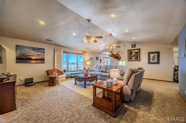 23598 Falcon Rd, Lebanon, MO 65536 - living room with lofted ceiling, carpet flooring, ceiling fan, baseboards, and a textured ceiling