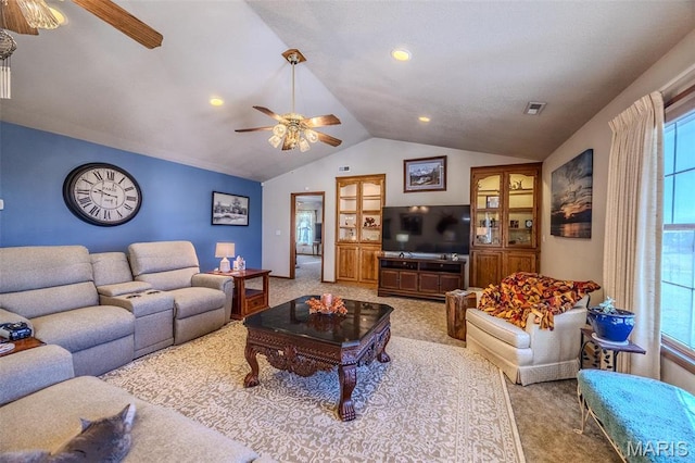 23598 Falcon Rd, Lebanon, MO 65536 - living room featuring ceiling fan, carpet, lofted ceiling, and healthy amount of natural light