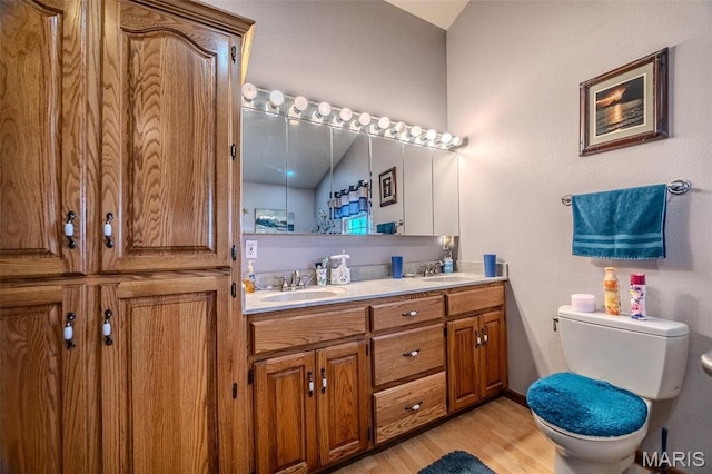 23598 Falcon Rd, Lebanon, MO 65536 - bathroom featuring toilet, wood finished floors, and double vanity