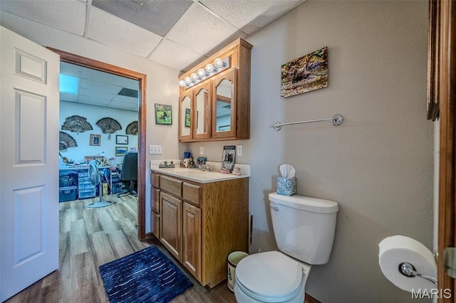 23598 Falcon Rd, Lebanon, MO 65536 - bathroom featuring a drop ceiling, wood finished floors, toilet, and vanity