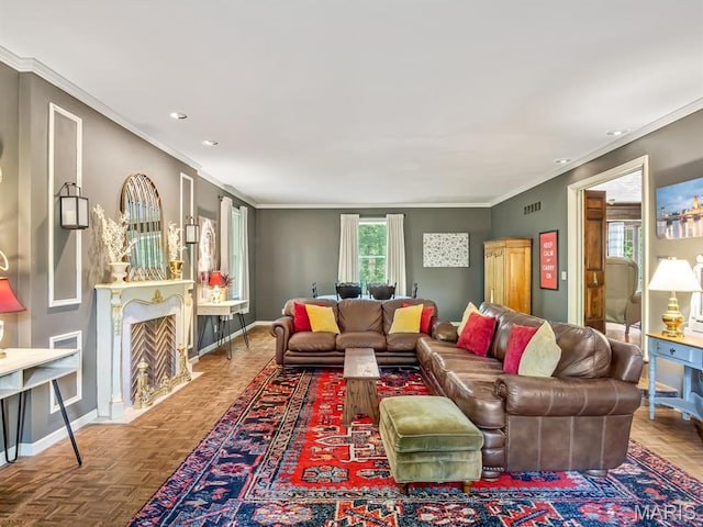 335 N Powder Mill Rd, Belleville, IL 62223 - living area featuring crown molding, recessed lighting, and a fireplace with flush hearth