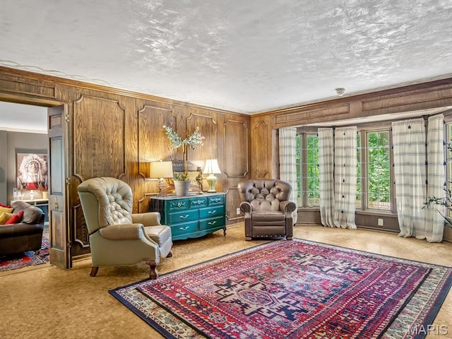 335 N Powder Mill Rd, Belleville, IL 62223 - sitting room featuring wood walls, a textured ceiling, and carpet floors