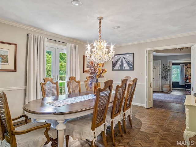 335 N Powder Mill Rd, Belleville, IL 62223 - dining room with a chandelier, french doors, ornamental molding, and recessed lighting