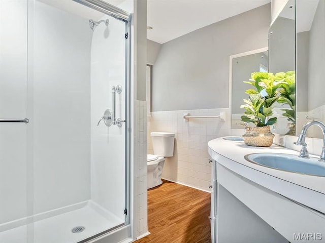 335 N Powder Mill Rd, Belleville, IL 62223 - bathroom featuring tile walls, a stall shower, wood finished floors, vanity, and wainscoting