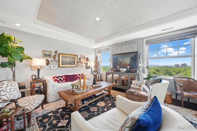 living room with a textured ceiling, a tray ceiling, and recessed lighting