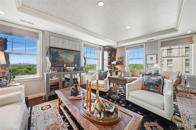 living area with a raised ceiling, wood finished floors, a textured ceiling, plenty of natural light, and baseboards