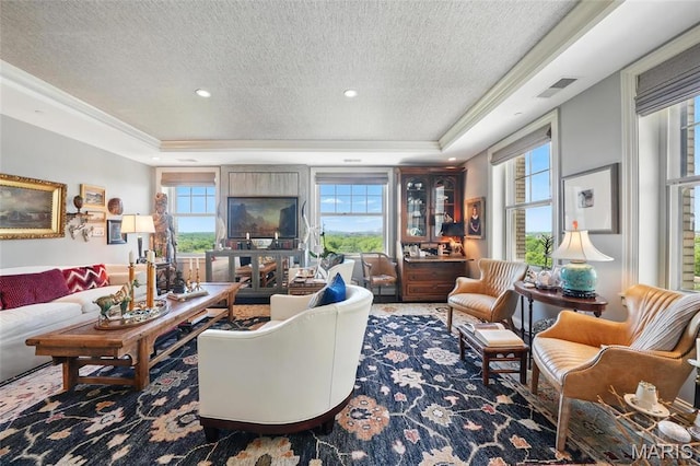 carpeted living room with a tray ceiling, a textured ceiling, plenty of natural light, and recessed lighting