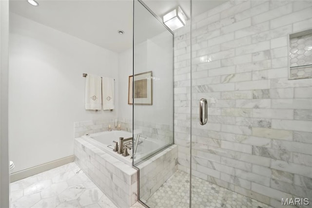 full bathroom with a bath, a stall shower, baseboards, toilet, and marble finish flooring