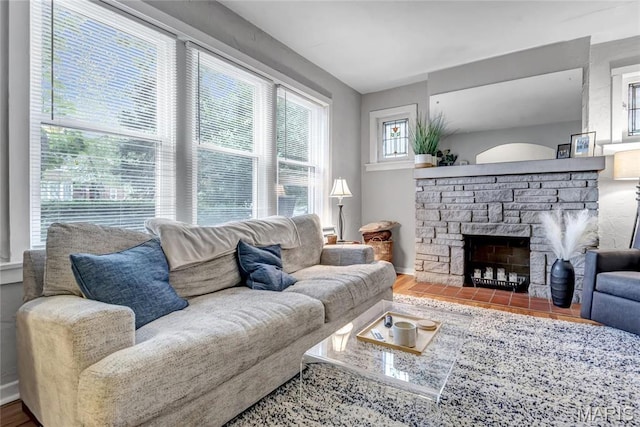 living room featuring a fireplace and wood finished floors