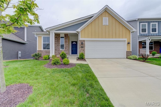 craftsman inspired home with brick siding, an attached garage, a front lawn, board and batten siding, and driveway