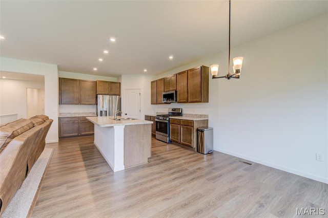 kitchen featuring appliances with stainless steel finishes, open floor plan, a sink, recessed lighting, and light countertops