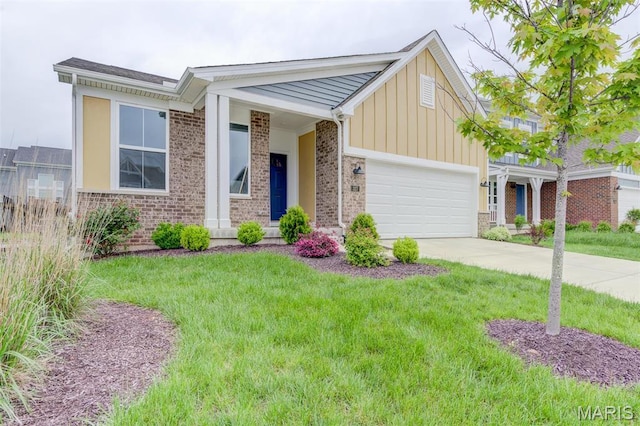 view of front of home featuring brick siding, concrete driveway, an attached garage, and a front lawn