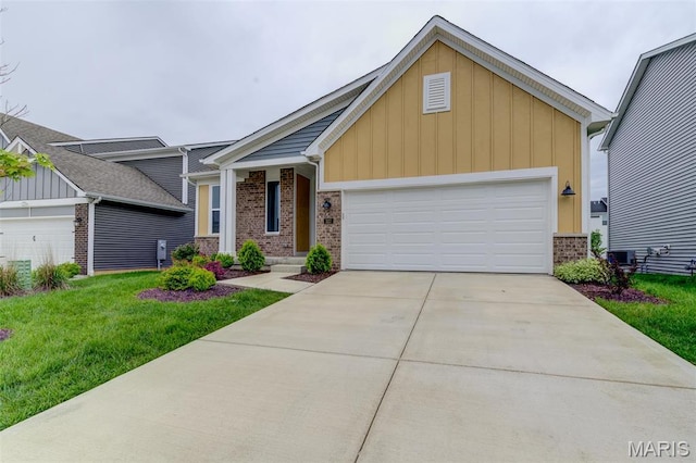 view of front of house featuring brick siding, board and batten siding, concrete driveway, and a front lawn