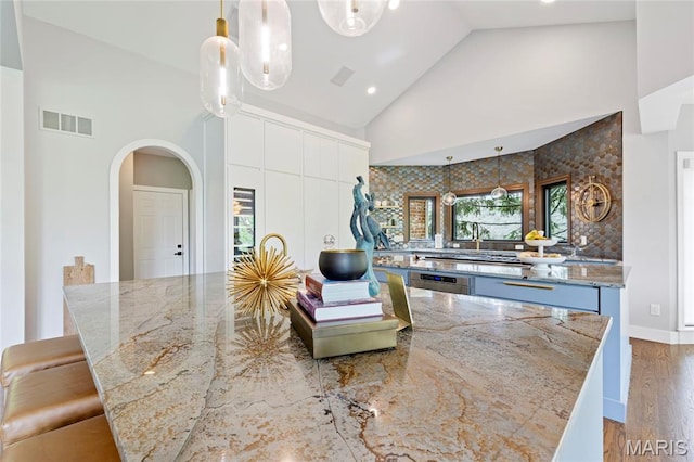 living room featuring high vaulted ceiling, arched walkways, and wood finished floors