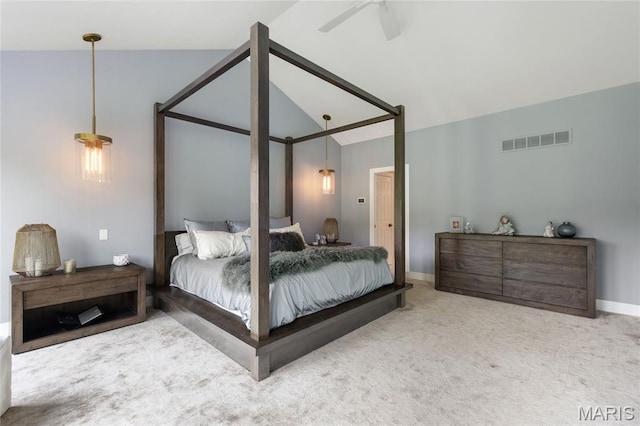 bedroom with lofted ceiling, baseboards, carpet flooring, and a ceiling fan