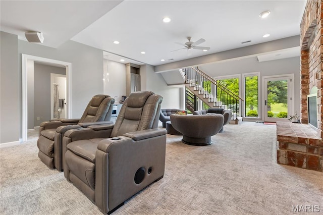 home theater room with carpet, ceiling fan, recessed lighting, a fireplace, and baseboards