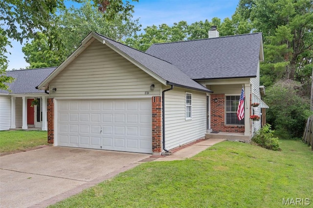 8704 Garden Ct, Brentwood, MO 63144 - view of front of house featuring a garage, brick siding, roof with shingles, and a chimney