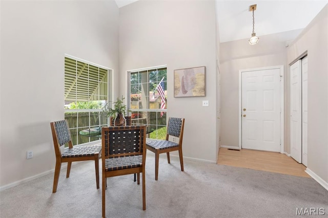 8704 Garden Ct, Brentwood, MO 63144 - dining room with carpet flooring and a high ceiling