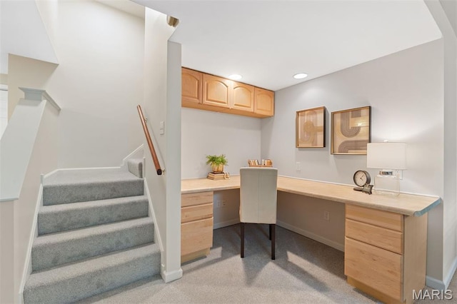 8704 Garden Ct, Brentwood, MO 63144 - office area featuring built in desk, light colored carpet, and recessed lighting