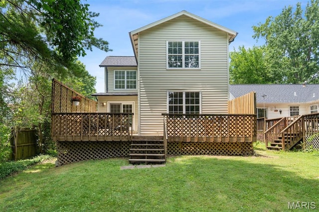 8704 Garden Ct, Brentwood, MO 63144 - back of property with a wooden deck, a lawn, and stairs
