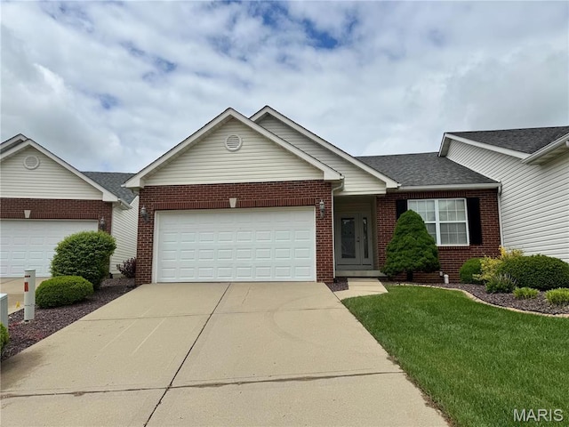 view of front facade with brick siding, an attached garage, concrete driveway, a front lawn, and a shingled roof