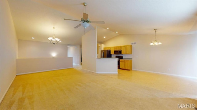 unfurnished living room featuring a chandelier, lofted ceiling, baseboards, light colored carpet, and recessed lighting
