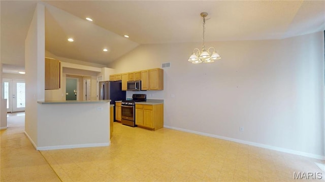 kitchen featuring appliances with stainless steel finishes, a chandelier, vaulted ceiling, baseboards, and decorative light fixtures