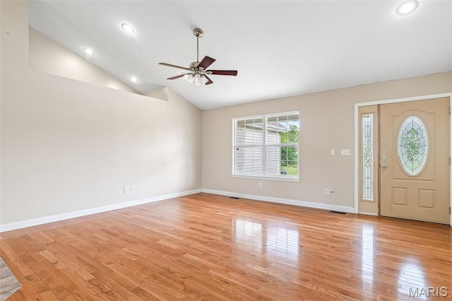 1824 Oak Knl, Farmington, MO 63640 - entrance foyer featuring ceiling fan, light wood-type flooring, baseboards, vaulted ceiling, and recessed lighting